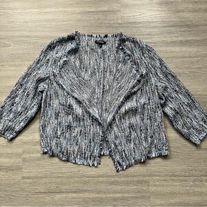 Blue & White Tweed Open Front Cropped Blazer Fringe Trim